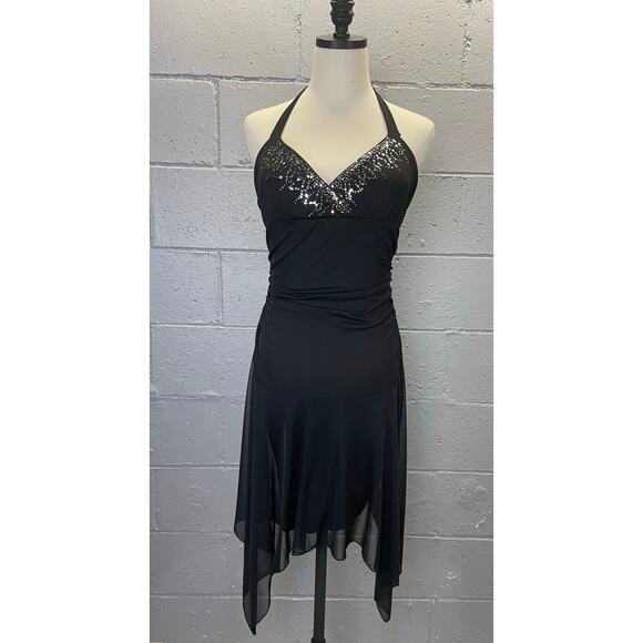 Vintage 90s Black Mesh Halter Dress Handkerchief Hem Sequined LG City Triangles - Picture 3 of 9